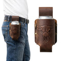 Handmade Full Grain Crazy Horse Leather Drinkware Holster for Belt - 12Oz Hands-Free Beer Can Holder for BBQ, Camping, Gifts for Men