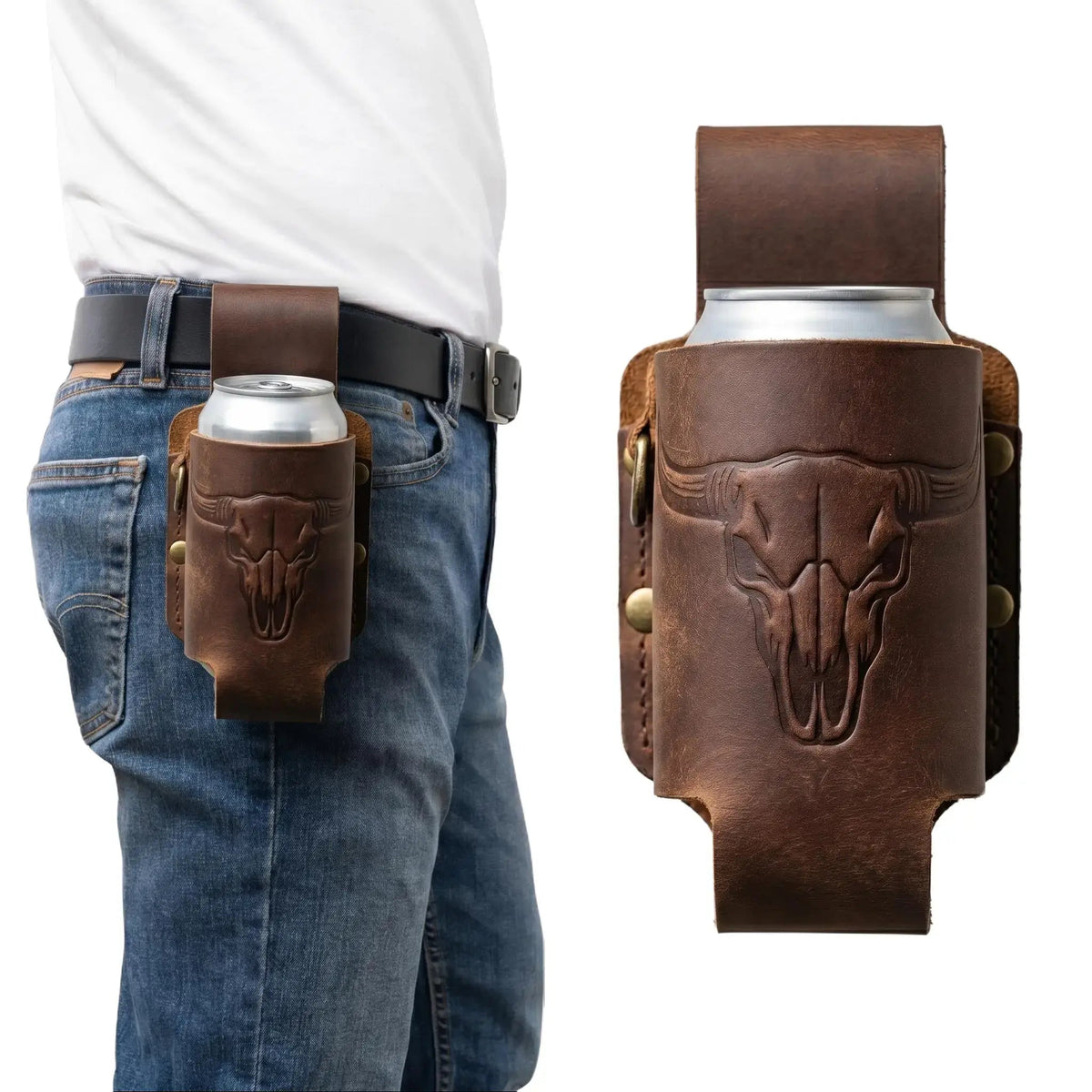 Handmade Full Grain Crazy Horse Leather Drinkware Holster for Belt - 12Oz Hands-Free Beer Can Holder for BBQ, Camping, Gifts for Men