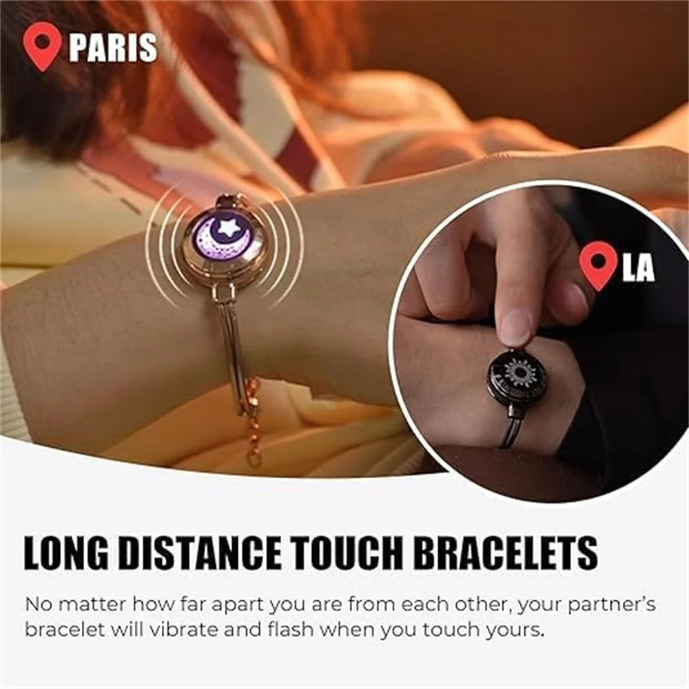 Long Distance Touch Light Up&Vibrate Bracelets for Couples, Long Distance Relationship Gifts Smart Sun&Moon Love Bracelet