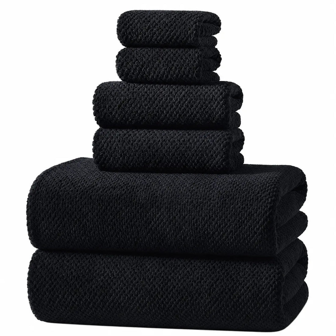 REDKISS Black Towel Set: a 6-Piece Set of Premium, Soft Bath Towels. This Ultra-Absorbent, Luxurious 6-Piece Set Includes 2 Bath Towels, 2 Hand Towels, and 2 Face Towels, Perfect for Everyday Use in Bathrooms, Gyms, Hotels, and Spas.