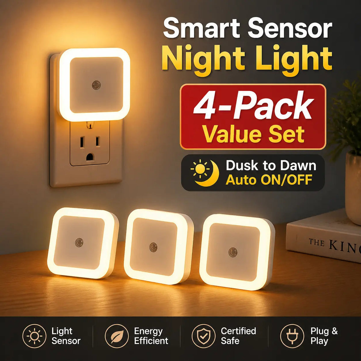 4-Pack LED Night Light with Dusk-To-Dawn Sensor, Plug-In Warm White Night Lights, Automatic On/Off Wall Night Lamps for Bedroom Bathroom Hallway, Soft Ambient Lighting for Home Safety