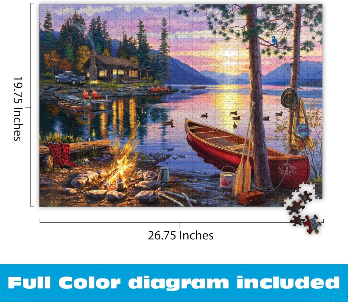 '- Canoe Lake 1000 Piece Puzzle for Adults - Jigsaw Puzzles – Darrell Bush Cabin Sunset Artwork with Poster – Challenging Outdoor Nature Scene