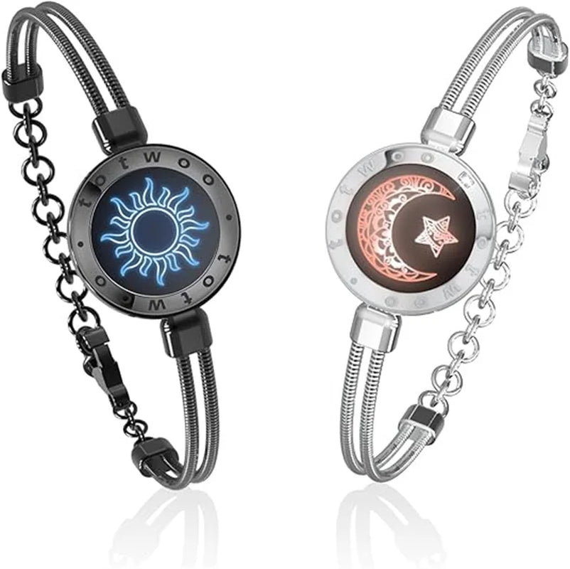 Long Distance Touch Light Up&Vibrate Bracelets for Couples, Long Distance Relationship Gifts Smart Sun&Moon Love Bracelet