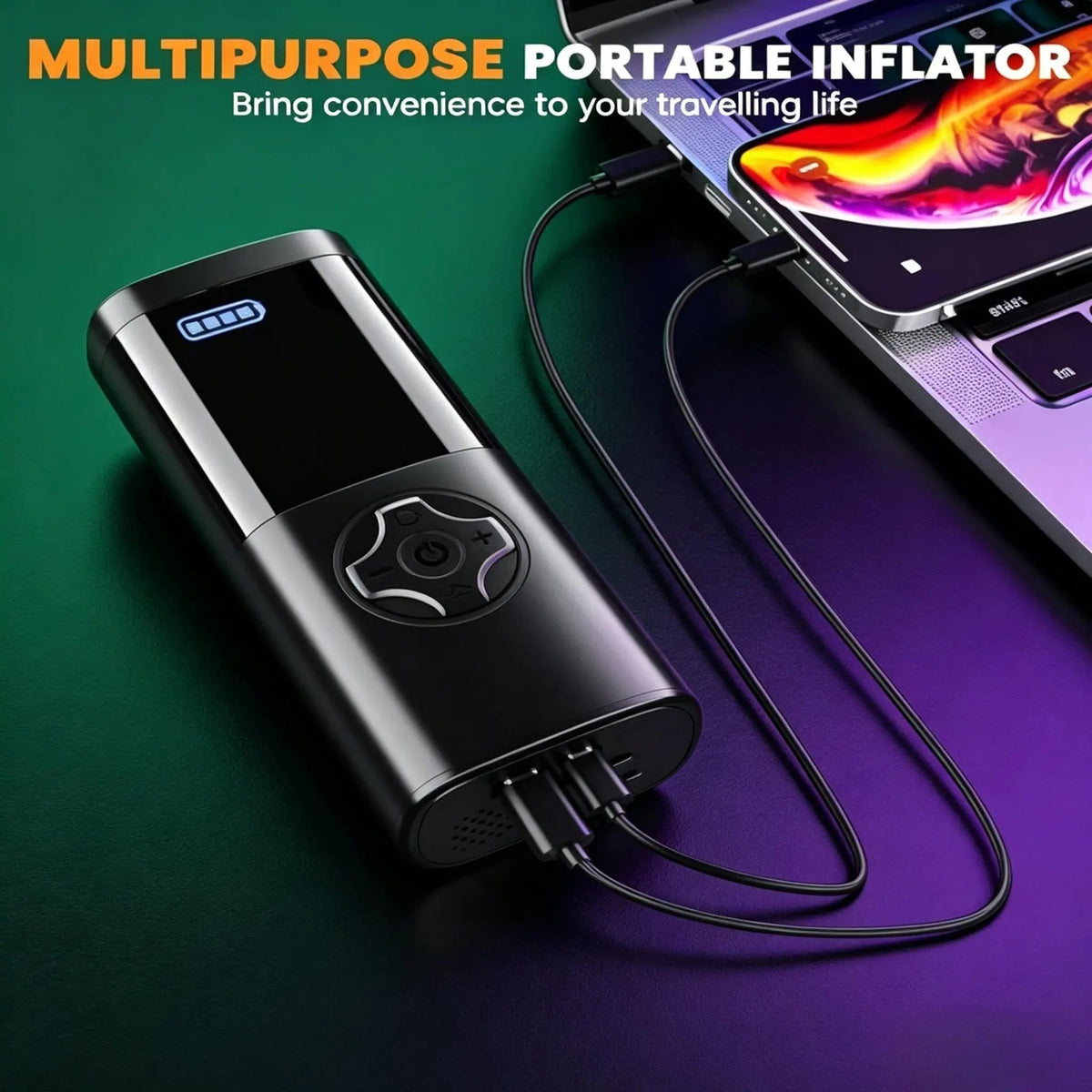 4-In-1 Car Jump Starter with Air Compressor, Tire Inflator, Portable Power Bank, Battery Booster Pack, LED Emergency SOS Light – All-In-One Roadside Kit for Dead Battery & Flat Tire