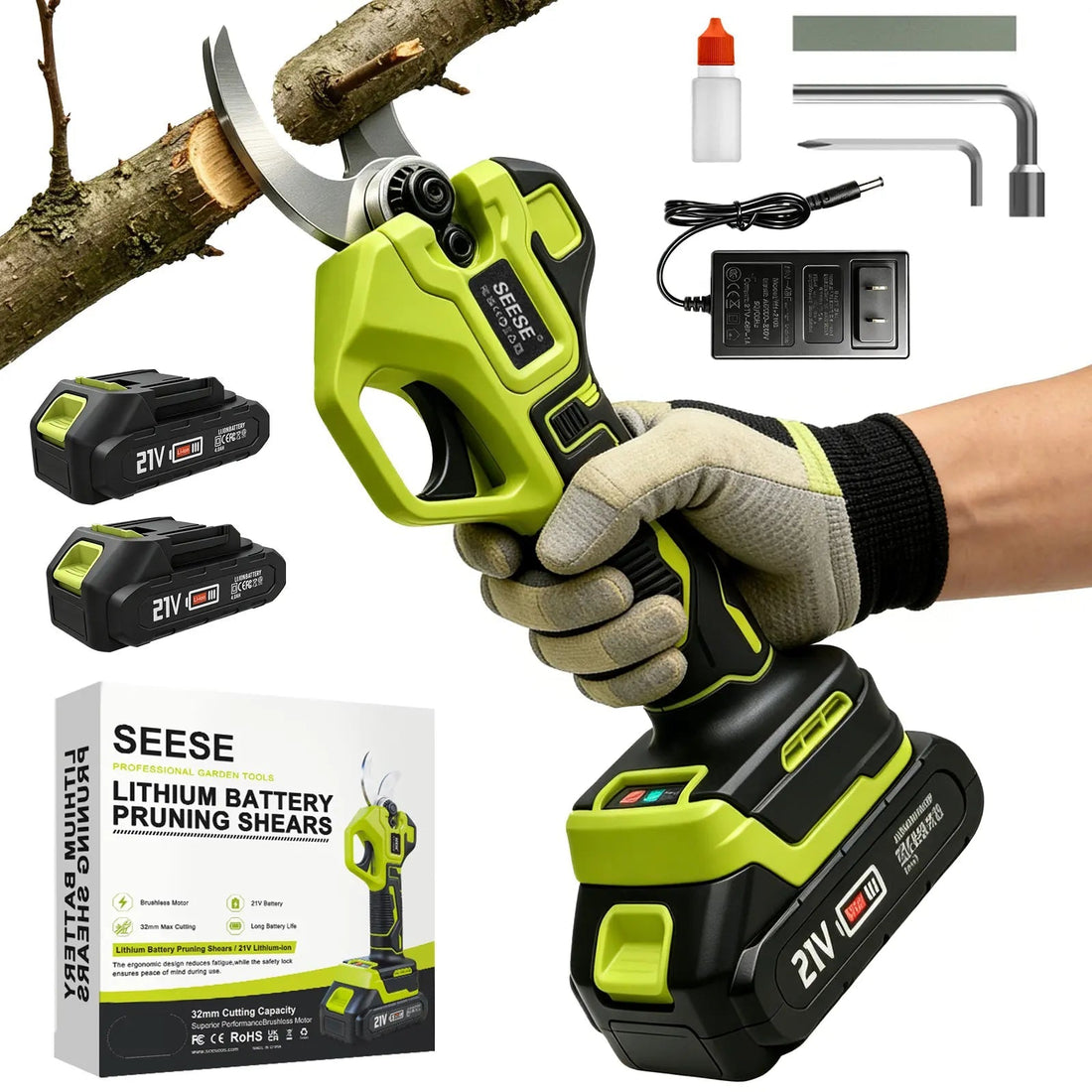 SEESE Electric Pruning Shears for Gardening: 1.25" Cutting Cordless Power Pruner, Brushless Motor, Dual21V Battery for Tree & Flowertrimming Fathersdaygift