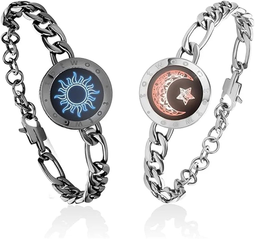 Long Distance Touch Light Up&Vibrate Bracelets for Couples, Long Distance Relationship Gifts Smart Sun&Moon Love Bracelet
