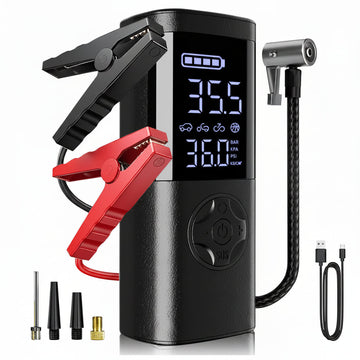 4-In-1 Car Jump Starter with Air Compressor, Tire Inflator, Portable Power Bank, Battery Booster Pack, LED Emergency SOS Light – All-In-One Roadside Kit for Dead Battery & Flat Tire