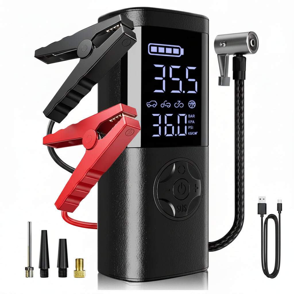 4-In-1 Car Jump Starter with Air Compressor, Tire Inflator, Portable Power Bank, Battery Booster Pack, LED Emergency SOS Light – All-In-One Roadside Kit for Dead Battery & Flat Tire