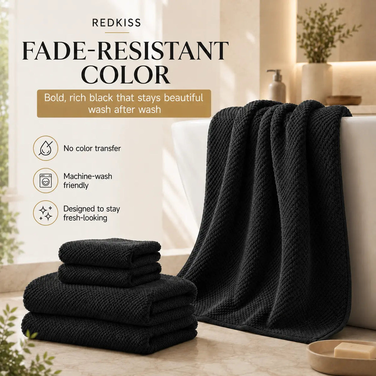 REDKISS Black Towel Set: a 6-Piece Set of Premium, Soft Bath Towels. This Ultra-Absorbent, Luxurious 6-Piece Set Includes 2 Bath Towels, 2 Hand Towels, and 2 Face Towels, Perfect for Everyday Use in Bathrooms, Gyms, Hotels, and Spas.