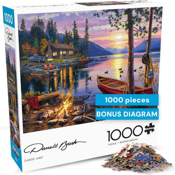 '- Canoe Lake 1000 Piece Puzzle for Adults - Jigsaw Puzzles – Darrell Bush Cabin Sunset Artwork with Poster – Challenging Outdoor Nature Scene