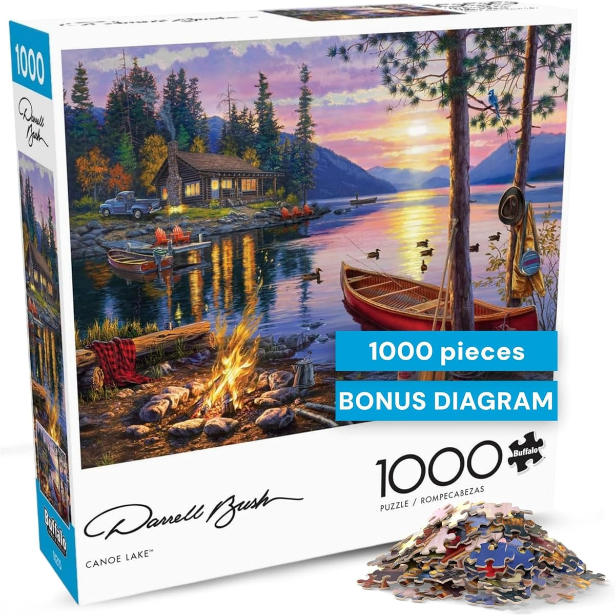 '- Canoe Lake 1000 Piece Puzzle for Adults - Jigsaw Puzzles – Darrell Bush Cabin Sunset Artwork with Poster – Challenging Outdoor Nature Scene