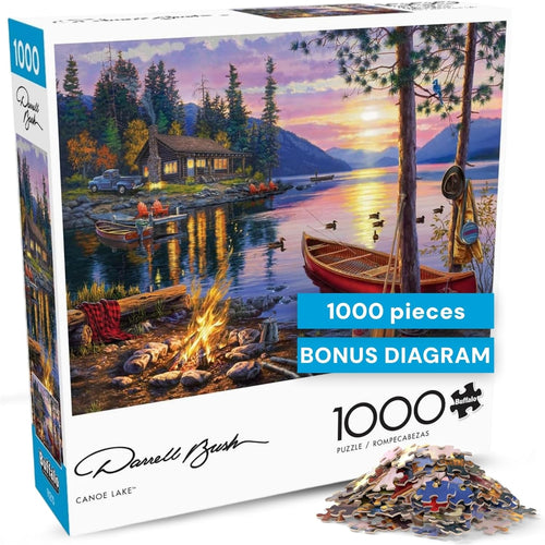 '- Canoe Lake 1000 Piece Puzzle for Adults - Jigsaw Puzzles – Darrell Bush Cabin Sunset Artwork with Poster – Challenging Outdoor Nature Scene