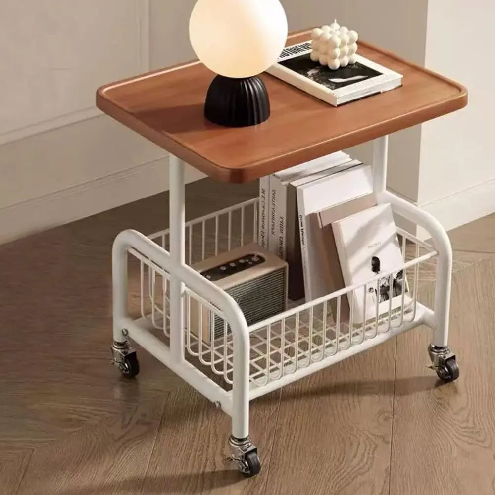 2-Tier Rolling Coffee Table with Storage Shelf, Mobile Side Table on Wheels, Small End Table Sofa Couch Table, Modern Wood Nightstand Accent Table for Living Room Bedroom Office Home, Dark Walnut