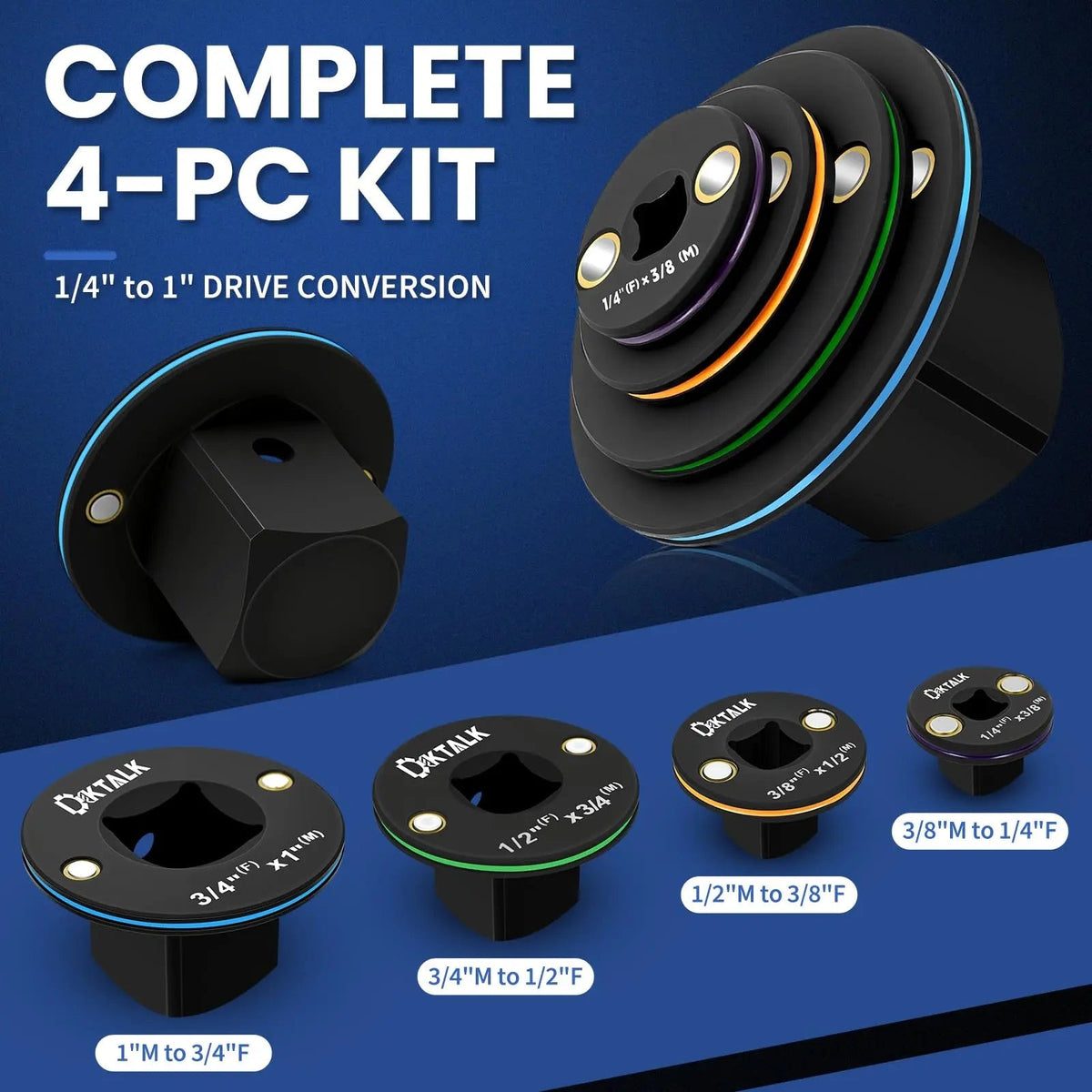 2026 Upgraded Low Profile Impact Socket Adapter Set, 4PCS Stubby Drive Ratchet Adapters, 1/4" to 3/8", 3/8" to 1/2", 1/2" to 3/4", 3/4" to 1", Compact Tools for Tight Spaces, Perfect Father'S Day Gift