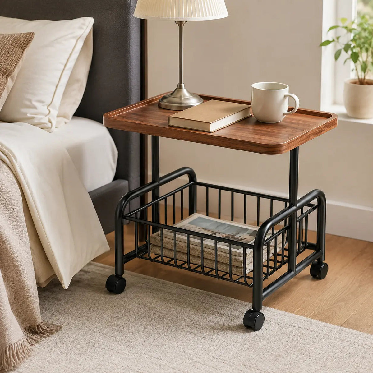 2-Tier Rolling Coffee Table with Storage Shelf, Mobile Side Table on Wheels, Small End Table Sofa Couch Table, Modern Wood Nightstand Accent Table for Living Room Bedroom Office Home, Dark Walnut