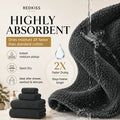 REDKISS Black Towel Set: a 6-Piece Set of Premium, Soft Bath Towels. This Ultra-Absorbent, Luxurious 6-Piece Set Includes 2 Bath Towels, 2 Hand Towels, and 2 Face Towels, Perfect for Everyday Use in Bathrooms, Gyms, Hotels, and Spas.