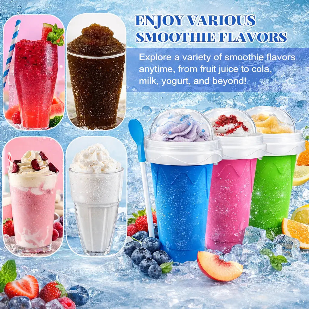 Food Grade Silicone Slushy Maker Cup - Lightweight and Reusable Double Layer Cooling Cup with 2 in 1 Straw and Spoon Cover - Thick Kitchen Bottles Drinkware Fruit Water Bottles