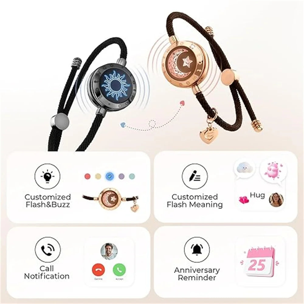 Long Distance Touch Light Up&Vibrate Bracelets for Couples, Long Distance Relationship Gifts Smart Sun&Moon Love Bracelet
