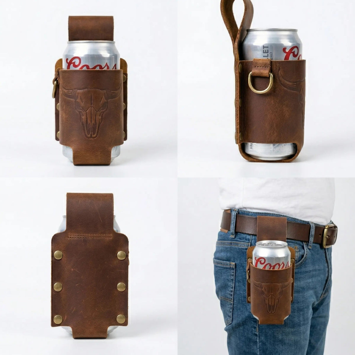 Handmade Full Grain Crazy Horse Leather Drinkware Holster for Belt - 12Oz Hands-Free Beer Can Holder for BBQ, Camping, Gifts for Men