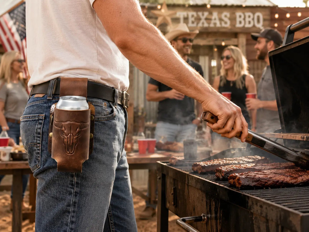 Handmade Full Grain Crazy Horse Leather Drinkware Holster for Belt - 12Oz Hands-Free Beer Can Holder for BBQ, Camping, Gifts for Men