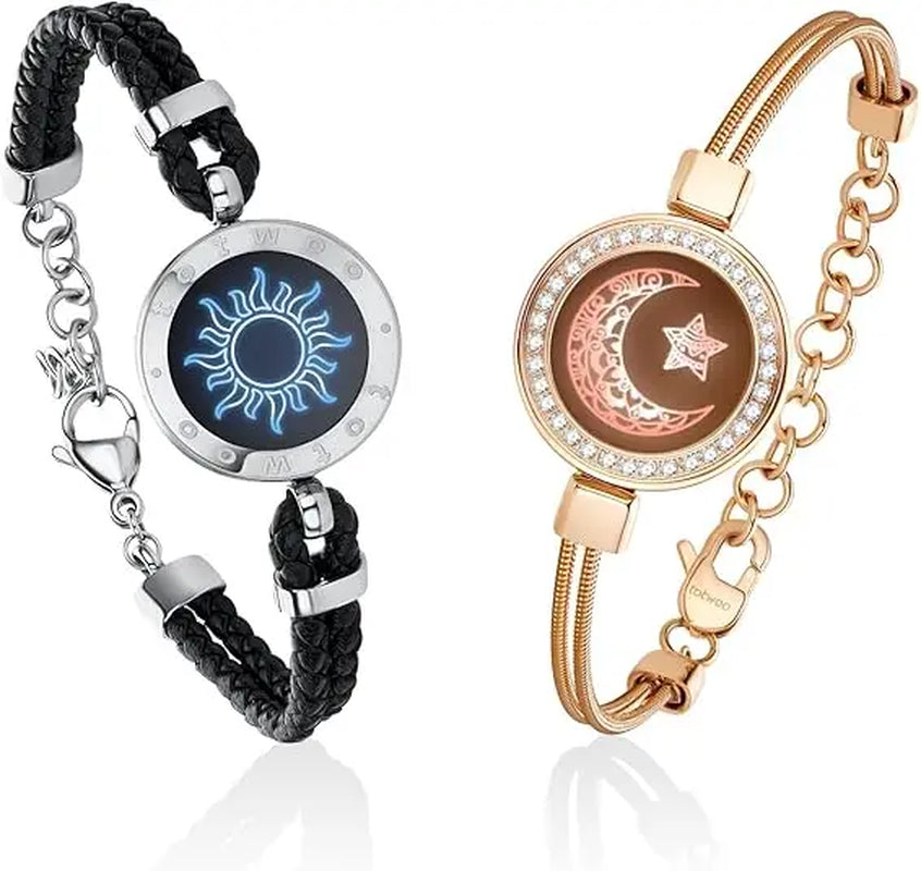 Long Distance Touch Light Up&Vibrate Bracelets for Couples, Long Distance Relationship Gifts Smart Sun&Moon Love Bracelet
