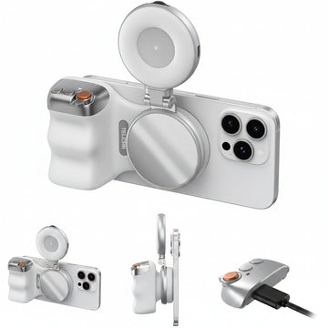 Magnetic Phone Camera Grip + C03 Magnetic Selfie Light (Silver) Bundle Kit Compatible with iPhone Magsafe & Android