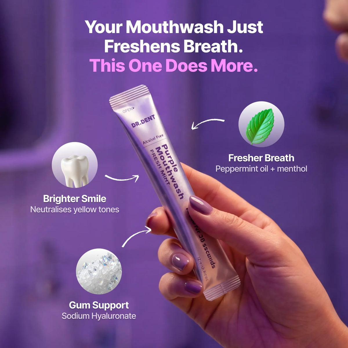 DR.DENT Purple Mouthwash - Sachets 20 Pack - Peroxide-Free - Alcohol Free - Vegan Mint