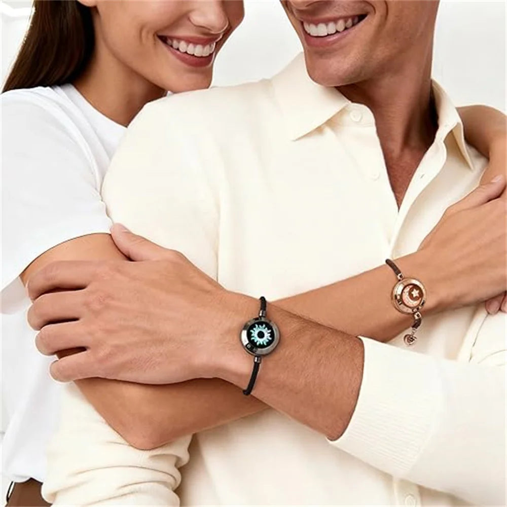 Long Distance Touch Light Up&Vibrate Bracelets for Couples, Long Distance Relationship Gifts Smart Sun&Moon Love Bracelet