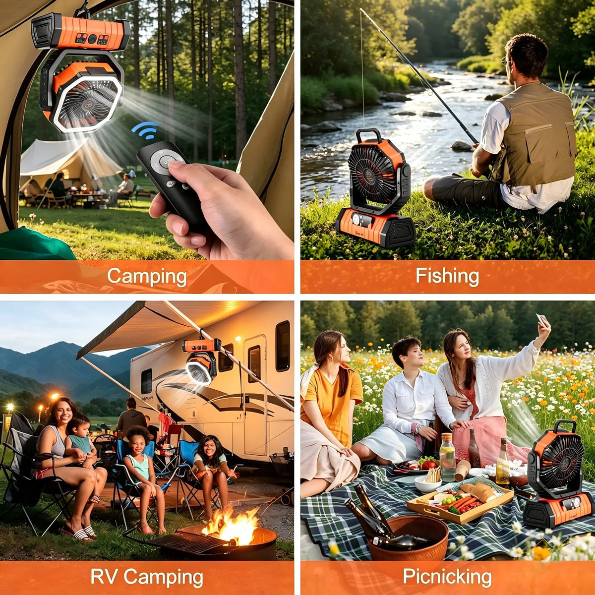 20,000 Mah Rechargeable Camping Fan with Light, Dual Motors, 4 Speeds, Hook, Remote Control, LED Light, and Power Bank—Portable, Ideal for Emergencies and Essential for Outdoor Camping