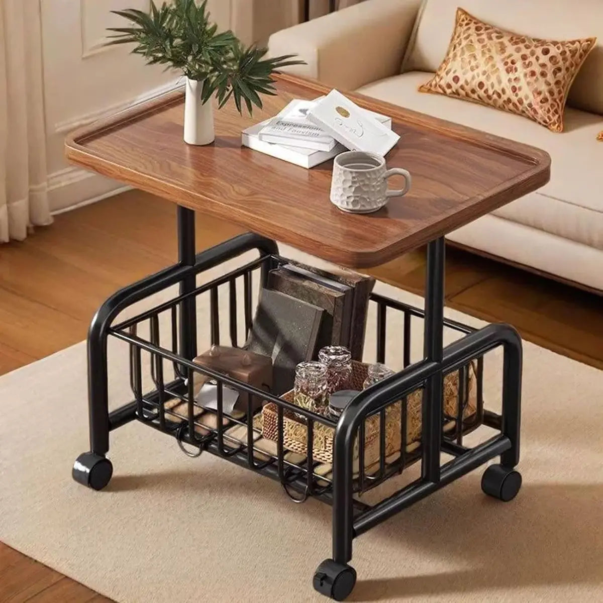 2-Tier Rolling Coffee Table with Storage Shelf, Mobile Side Table on Wheels, Small End Table Sofa Couch Table, Modern Wood Nightstand Accent Table for Living Room Bedroom Office Home, Dark Walnut