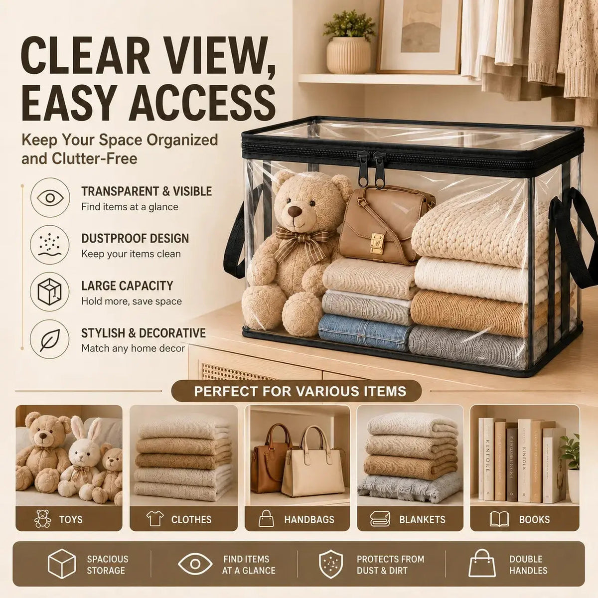 Large Clear Thick Plastic Storage Box with Hinged Lid, Heavy-Duty Durable High-Capacity Organizer for Home, Moving, Attic