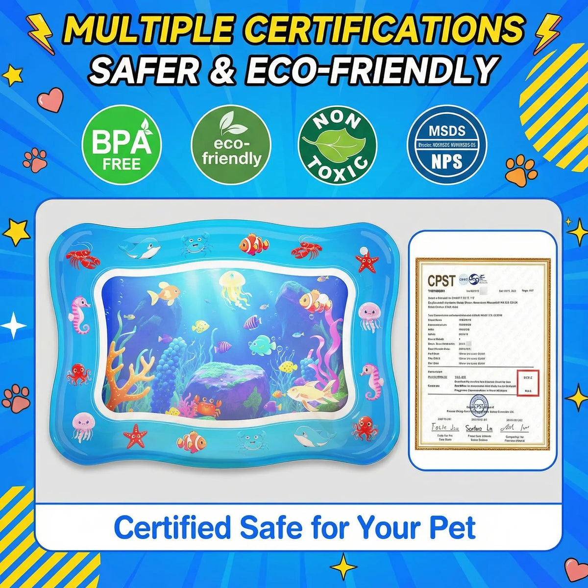 Catpick Cat Water Mat - Interactive Cat Toys Upgraded Thickened 0.7Mm PVC Cooling & Heating Water Bed with Floating Fish, Anti-Scratch Leak Proof Foldable Water Sensor Play Mat for Cats 17 X 25 Inches