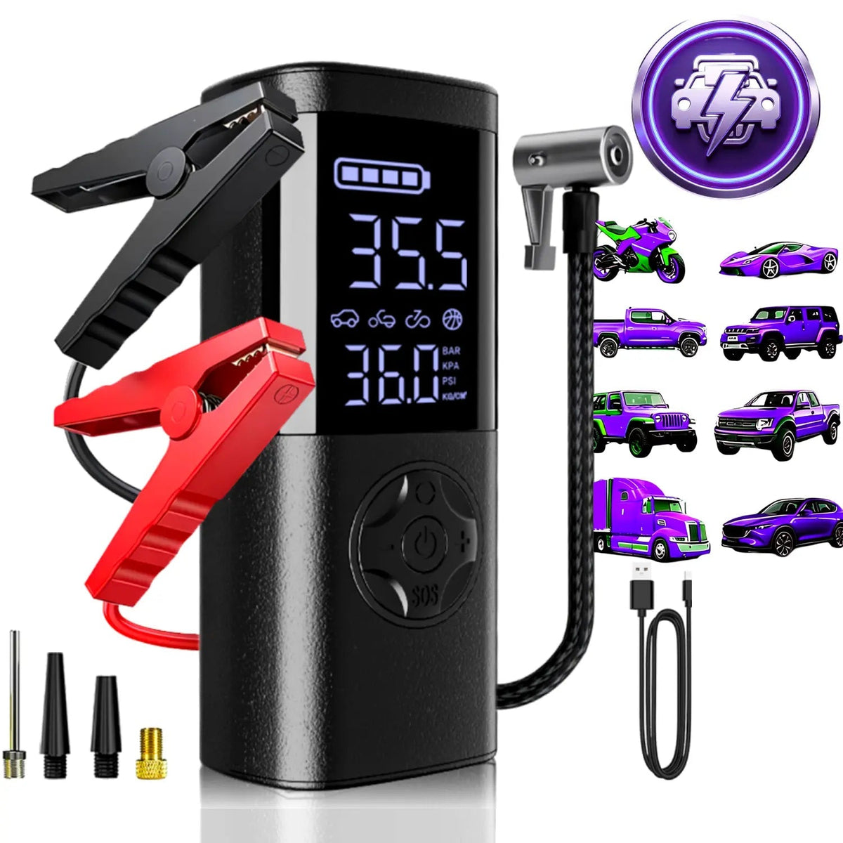 4-In-1 Car Jump Starter with Air Compressor, Tire Inflator, Portable Power Bank, Battery Booster Pack, LED Emergency SOS Light – All-In-One Roadside Kit for Dead Battery & Flat Tire