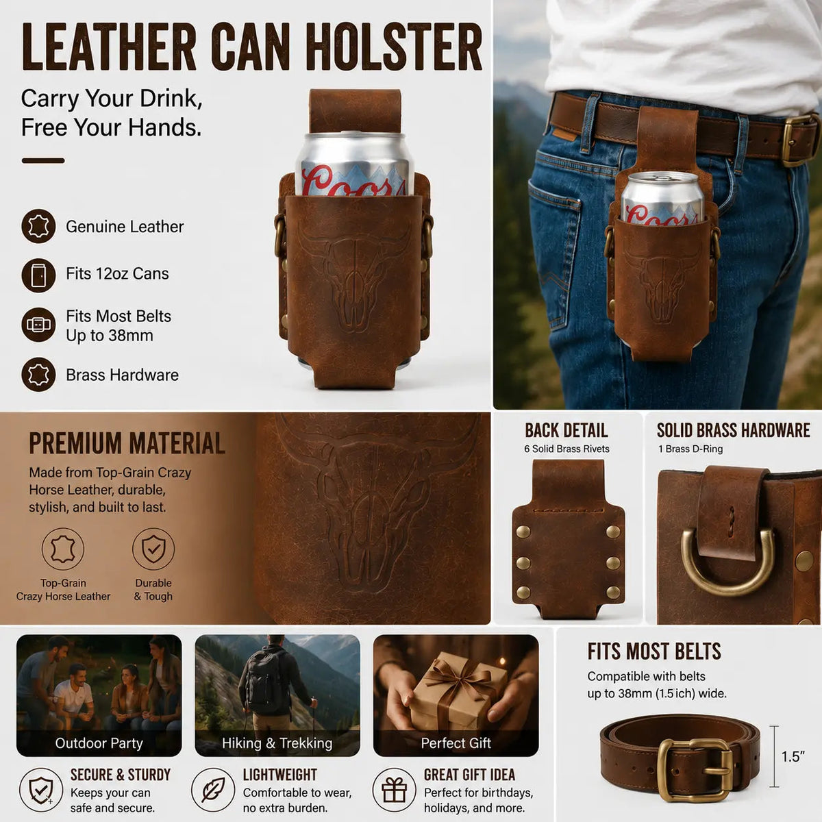 Handmade Full Grain Crazy Horse Leather Drinkware Holster for Belt - 12Oz Hands-Free Beer Can Holder for BBQ, Camping, Gifts for Men