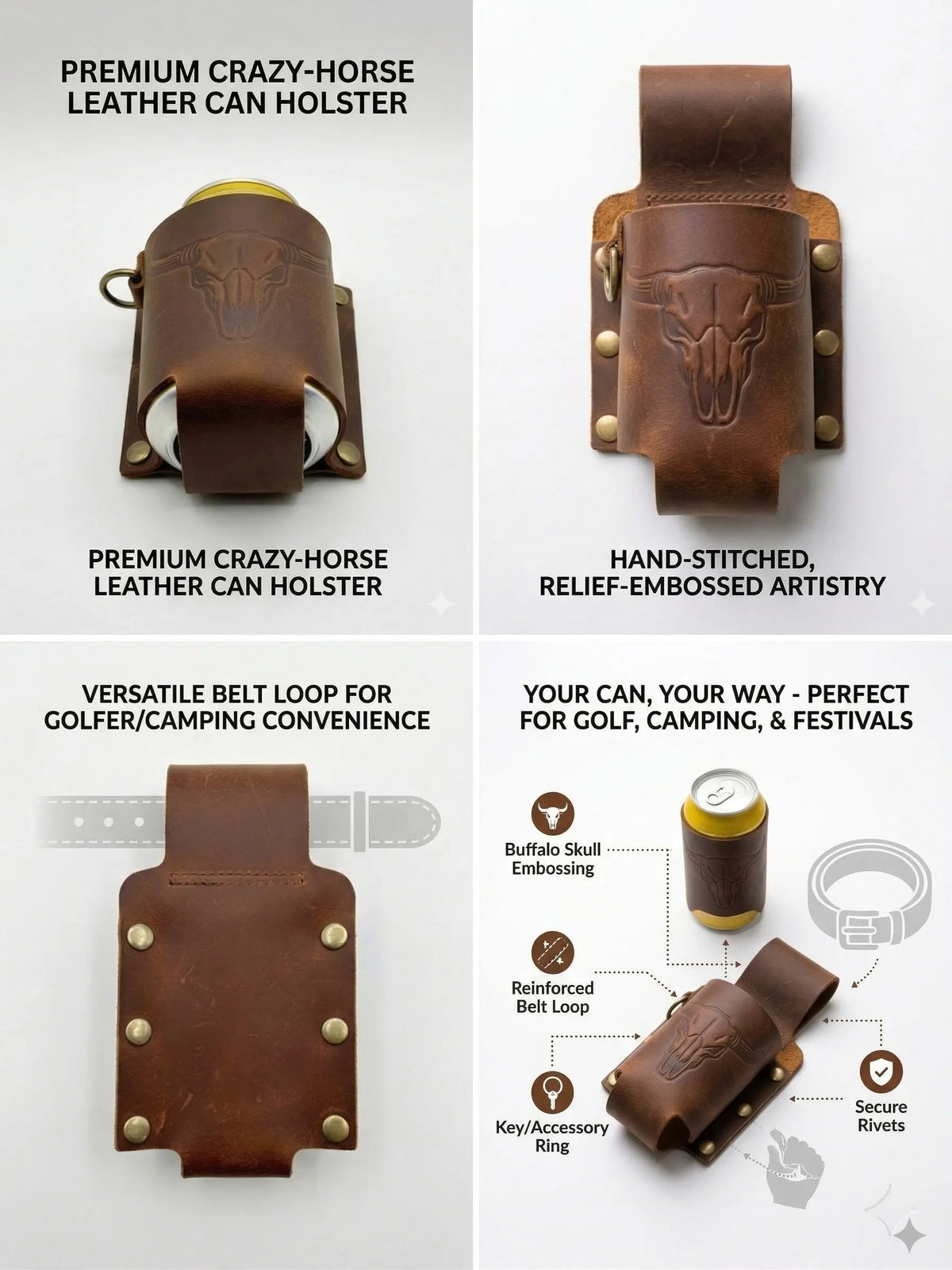 Handmade Full Grain Crazy Horse Leather Drinkware Holster for Belt - 12Oz Hands-Free Beer Can Holder for BBQ, Camping, Gifts for Men