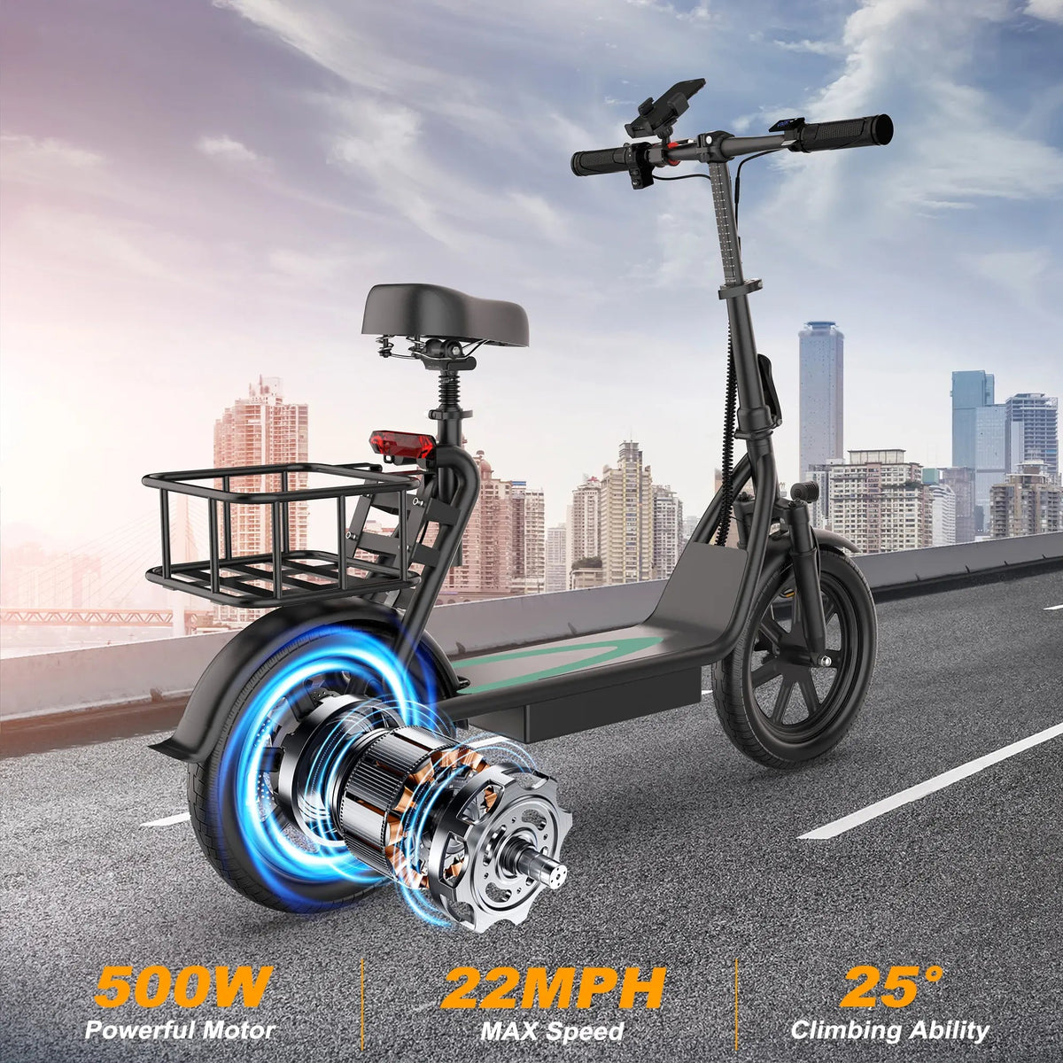 Foldable Electric Scooter with Seat and Basket, 500W Peak Motor, 48V/10.4Ah Rechargeable Battery, LED Headlight, Rear Disc Brakes, Dual Shock Absorbers, Adjustable Height, Customizable Size, 22MPH Max Speed, 28Miles Max Range