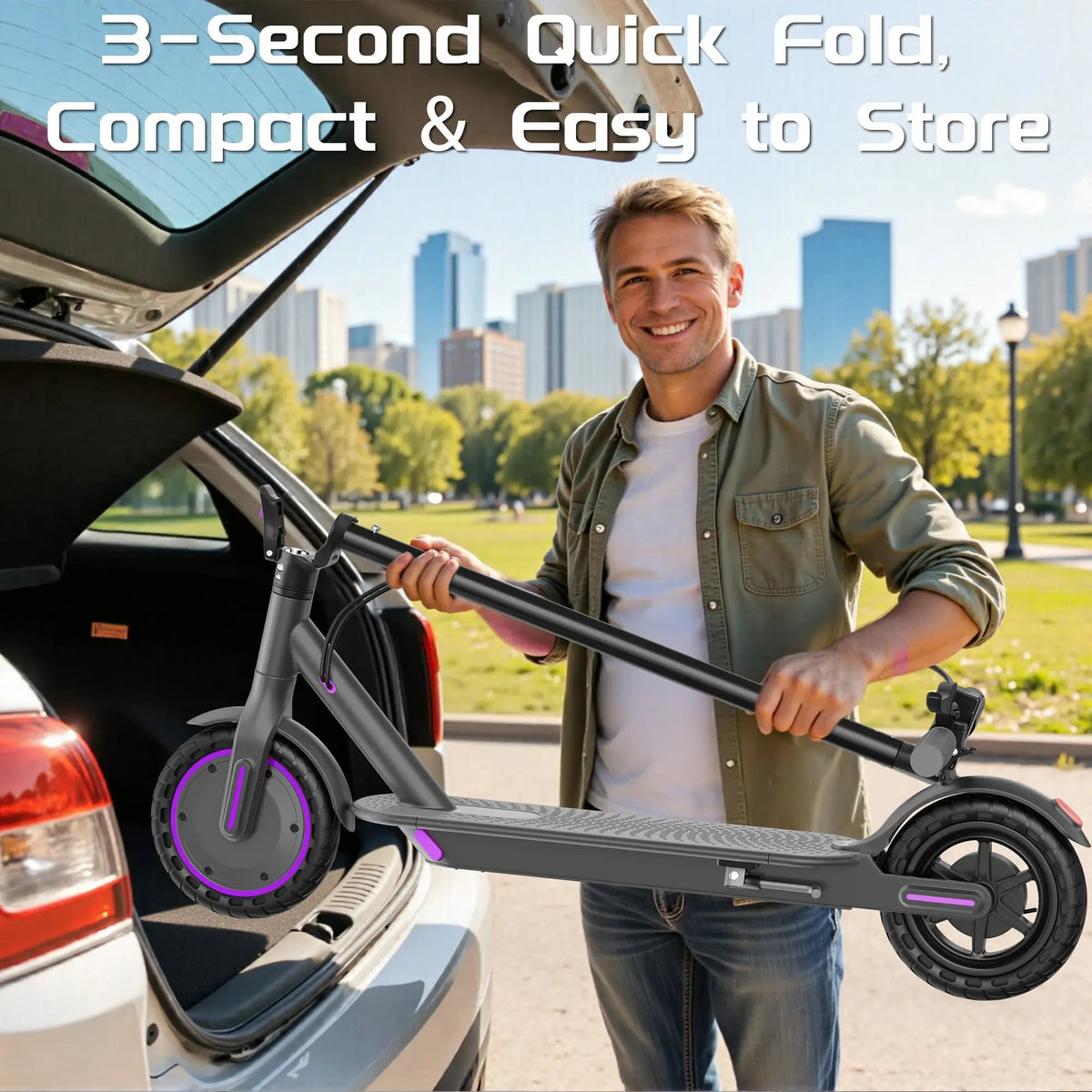 Purple Electric Scooter for Adults, Top Speed 19 Mph, 350-Watt Motor, 14-18 Mile Range, Supports Smart App Control, Easy to Carry, Folds up for Storage in a Trunk, Can Carry up to 265 Lbs, Fuel-Efficient Choice.