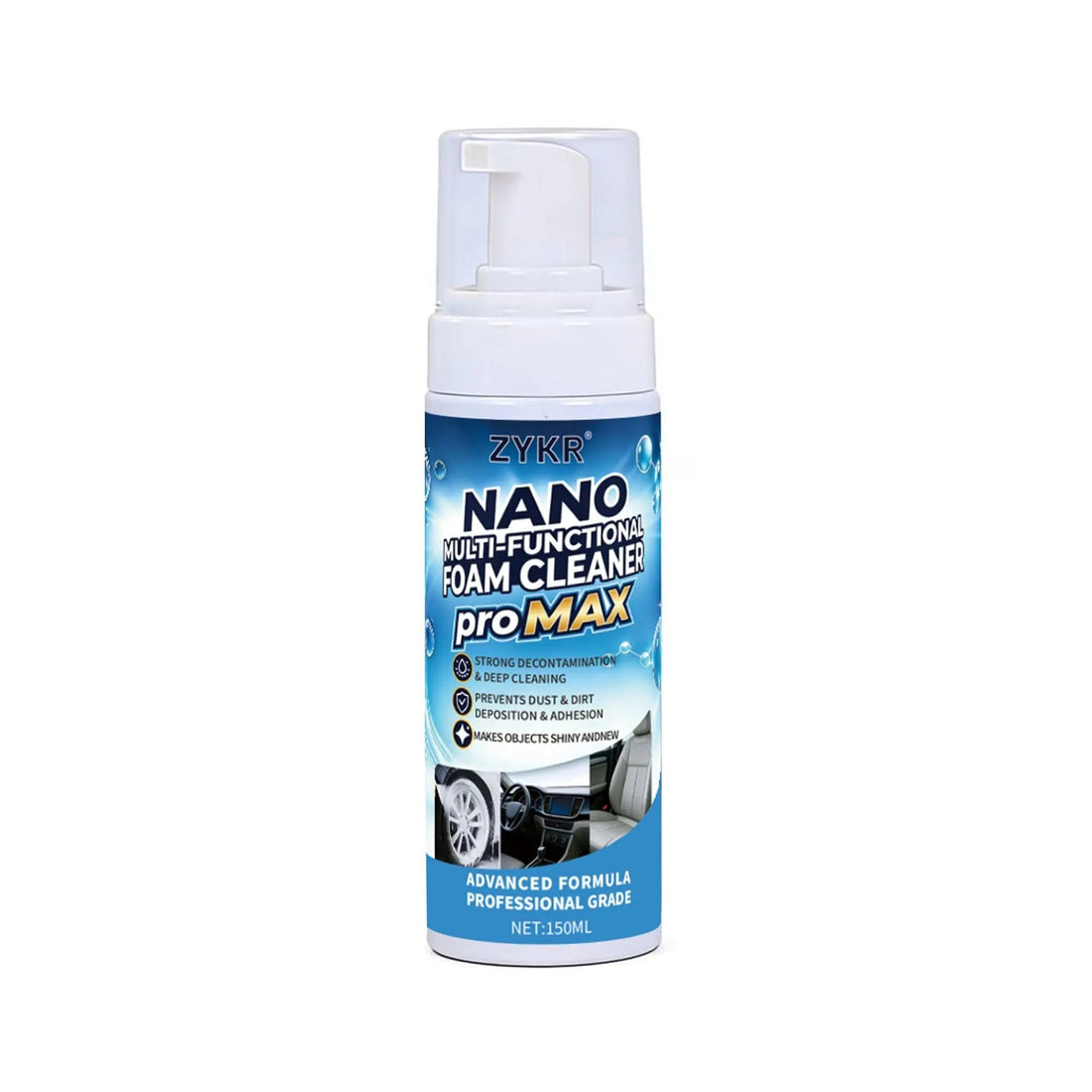 ZYKR Nano Multi-Functional Foam Cleaner Pro MAX - a Powerful Deep-Cleaning Product Suitable for Both Household and Vehicle Deep Cleaning. It Is Suitable for Removing Stains on Car Interiors and Sofas. Capacity: 150 Milliliters.