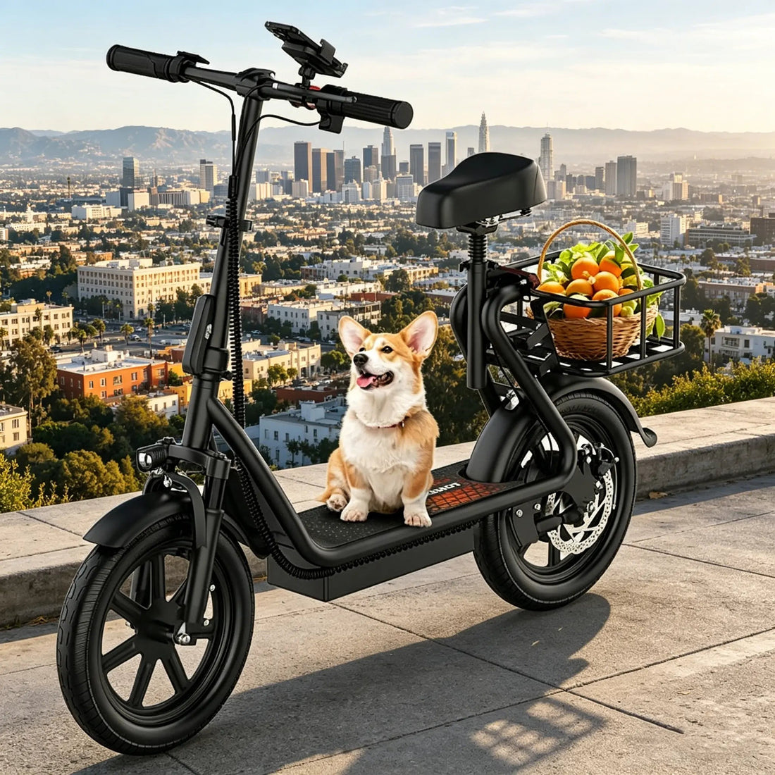 Foldable Electric Scooter with Seat and Basket, 500W Peak Motor, 48V/10.4Ah Rechargeable Battery, LED Headlight, Rear Disc Brakes, Dual Shock Absorbers, Adjustable Height, Customizable Size, 22MPH Max Speed, 28Miles Max Range