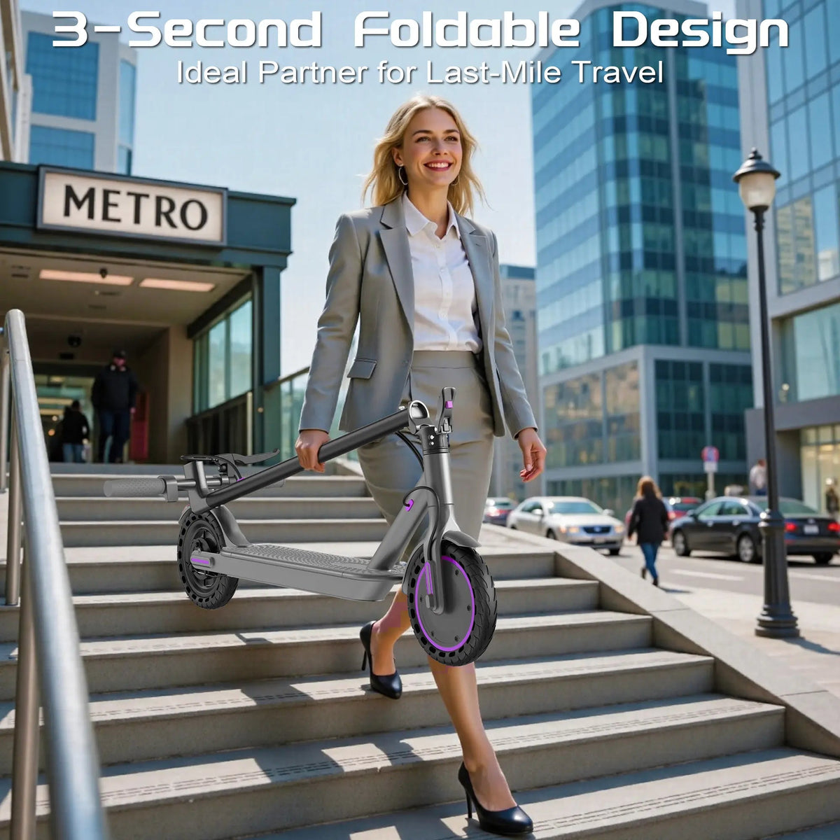 Purple Electric Scooter for Adults, Top Speed 19 Mph, 350-Watt Motor, 14-18 Mile Range, Supports Smart App Control, Easy to Carry, Folds up for Storage in a Trunk, Can Carry up to 265 Lbs, Fuel-Efficient Choice.