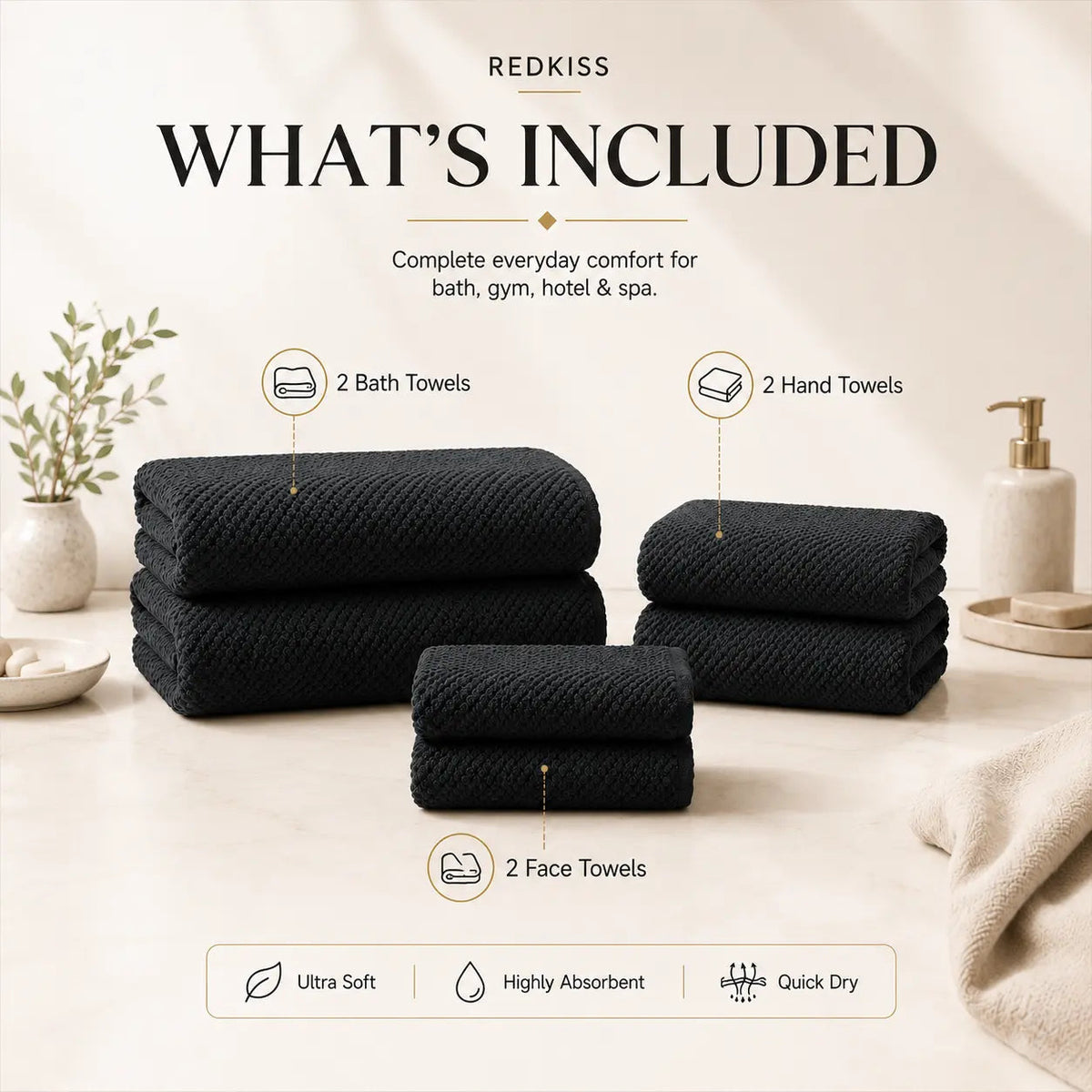 REDKISS Black Towel Set: a 6-Piece Set of Premium, Soft Bath Towels. This Ultra-Absorbent, Luxurious 6-Piece Set Includes 2 Bath Towels, 2 Hand Towels, and 2 Face Towels, Perfect for Everyday Use in Bathrooms, Gyms, Hotels, and Spas.