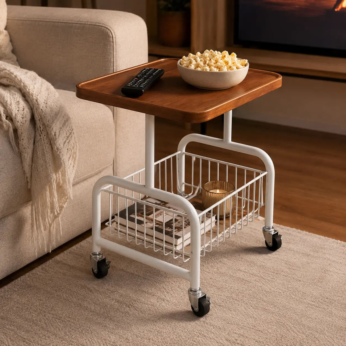 2-Tier Rolling Coffee Table with Storage Shelf, Mobile Side Table on Wheels, Small End Table Sofa Couch Table, Modern Wood Nightstand Accent Table for Living Room Bedroom Office Home, Dark Walnut
