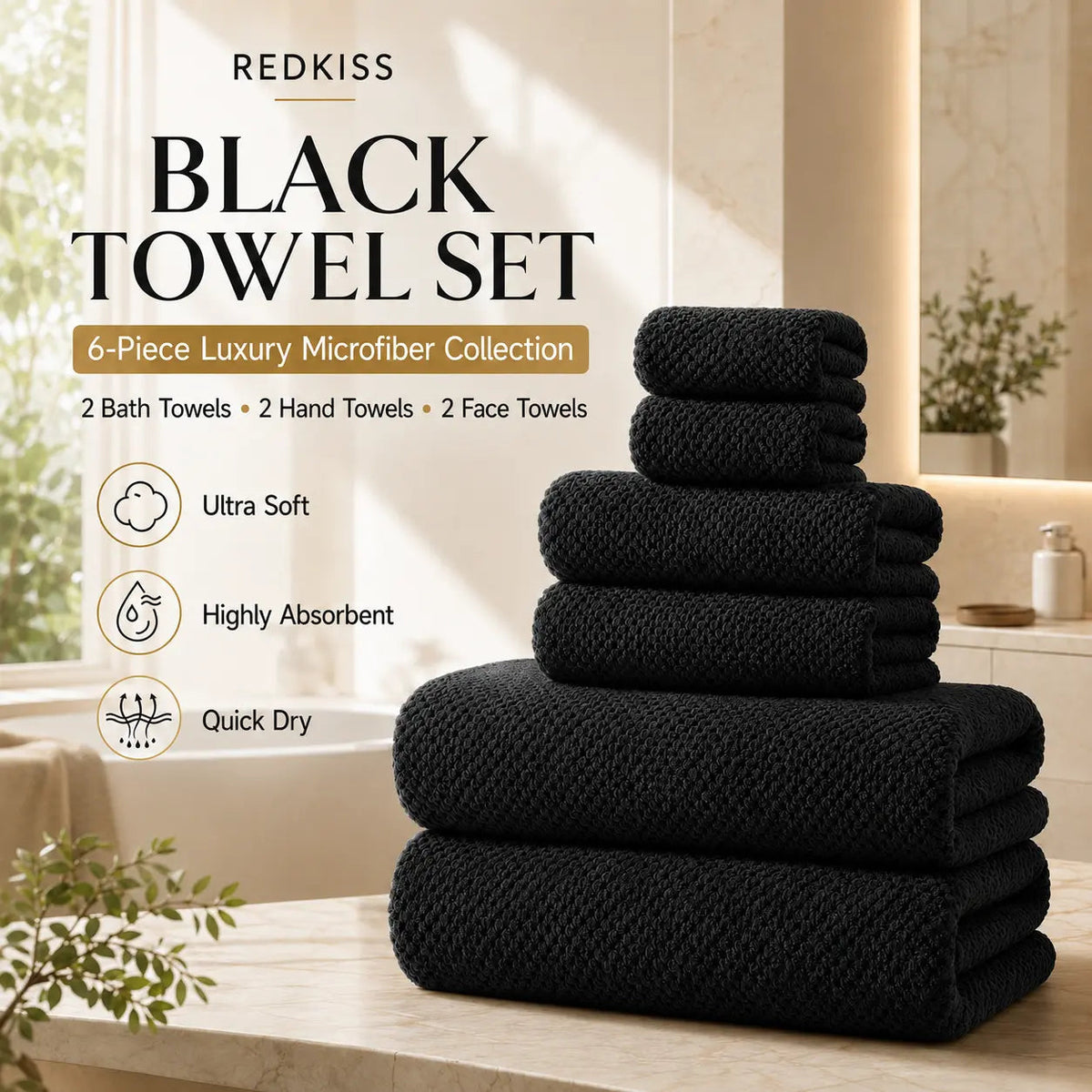 REDKISS Black Towel Set: a 6-Piece Set of Premium, Soft Bath Towels. This Ultra-Absorbent, Luxurious 6-Piece Set Includes 2 Bath Towels, 2 Hand Towels, and 2 Face Towels, Perfect for Everyday Use in Bathrooms, Gyms, Hotels, and Spas.