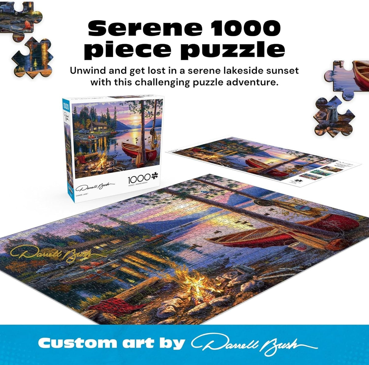 '- Canoe Lake 1000 Piece Puzzle for Adults - Jigsaw Puzzles – Darrell Bush Cabin Sunset Artwork with Poster – Challenging Outdoor Nature Scene