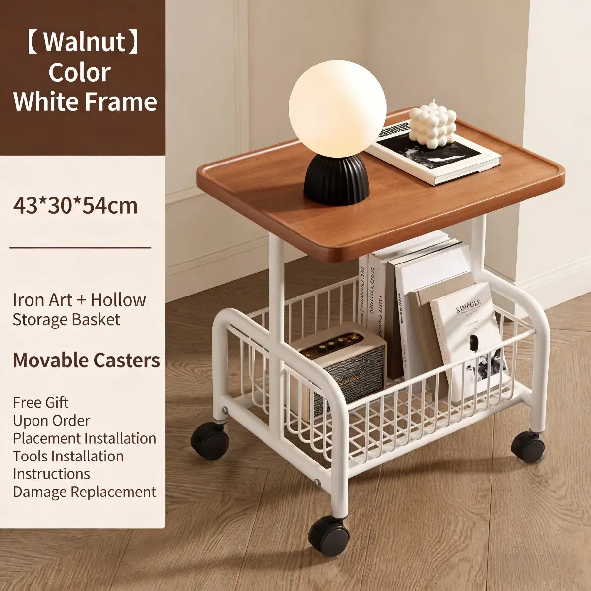 2-Tier Rolling Coffee Table with Storage Shelf, Mobile Side Table on Wheels, Small End Table Sofa Couch Table, Modern Wood Nightstand Accent Table for Living Room Bedroom Office Home, Dark Walnut