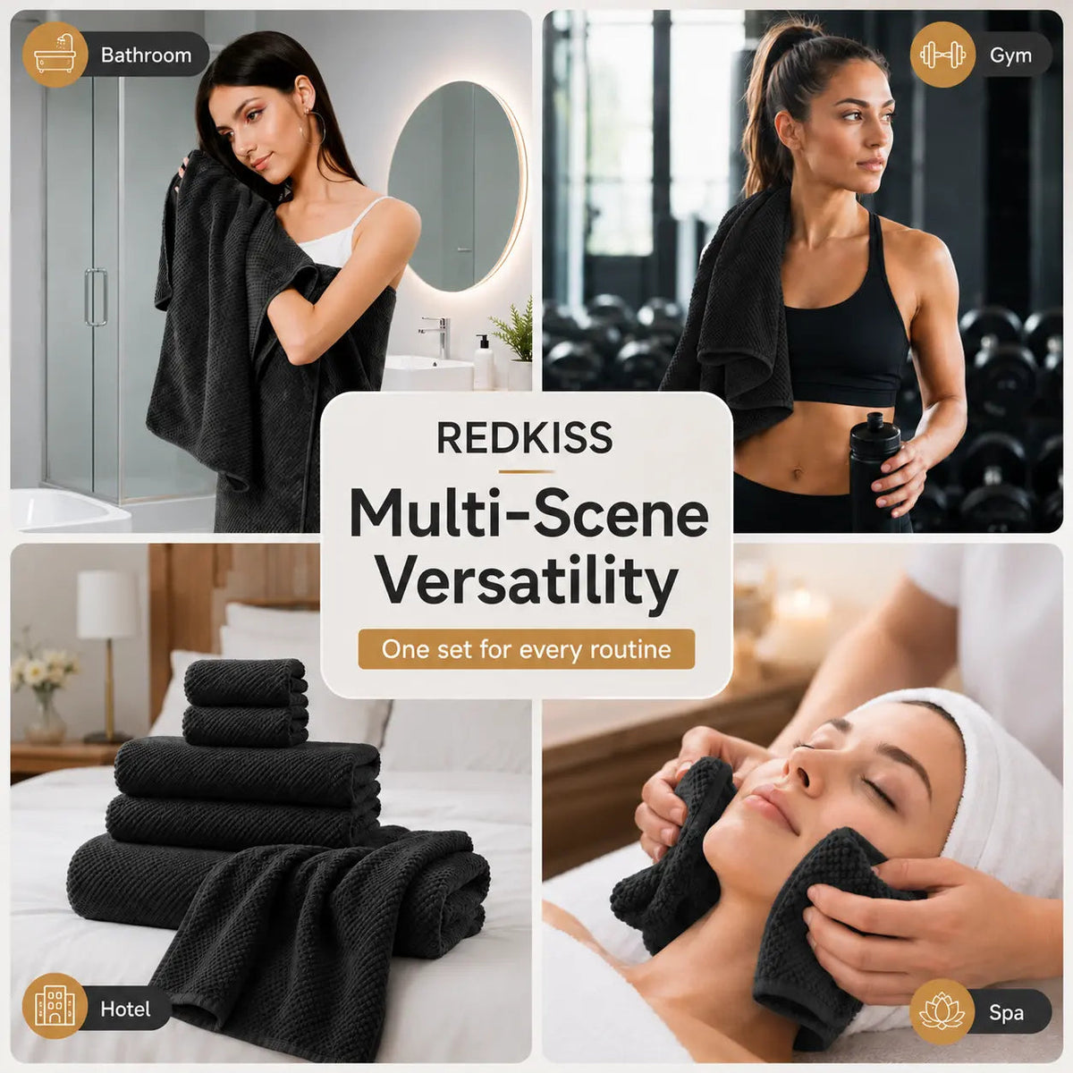 REDKISS Black Towel Set: a 6-Piece Set of Premium, Soft Bath Towels. This Ultra-Absorbent, Luxurious 6-Piece Set Includes 2 Bath Towels, 2 Hand Towels, and 2 Face Towels, Perfect for Everyday Use in Bathrooms, Gyms, Hotels, and Spas.