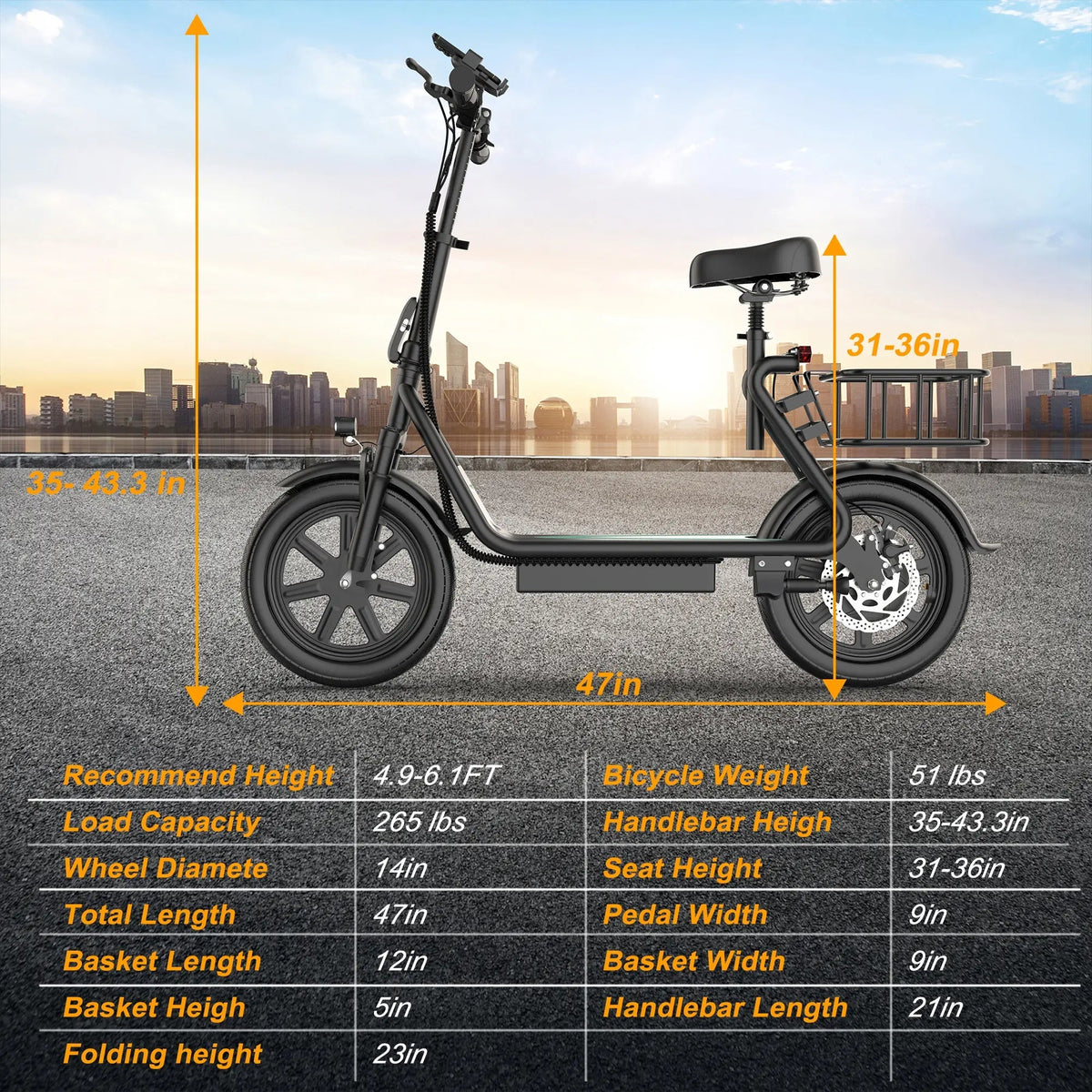 Foldable Electric Scooter with Seat and Basket, 500W Peak Motor, 48V/10.4Ah Rechargeable Battery, LED Headlight, Rear Disc Brakes, Dual Shock Absorbers, Adjustable Height, Customizable Size, 22MPH Max Speed, 28Miles Max Range