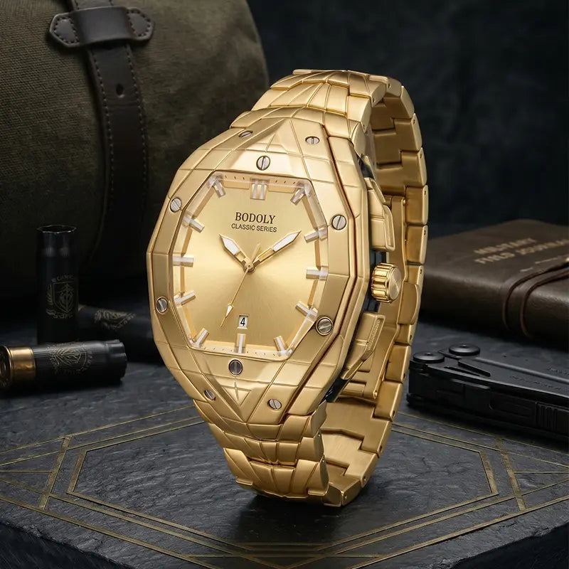 【Dealsforyoudays】Luxury Polygon Men'S Business Watch Waterproof Luminous Calendar Premium Metal Texture Gift Box Included for Men