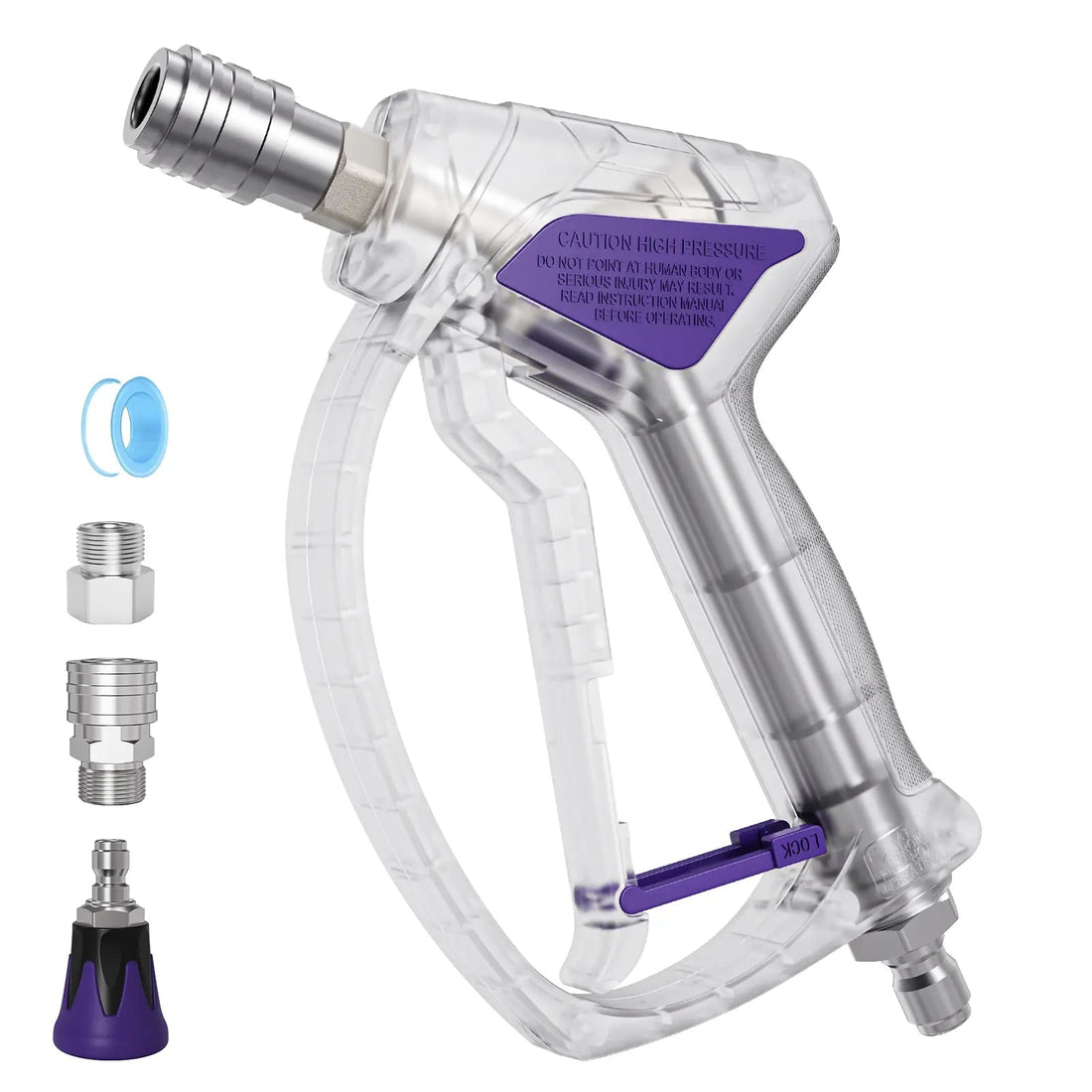 High-Pressure Washer Transparent Purple Spray Gun with Self-Locking Head and 3/8" Quick-Connect Fitting; Features a Scratch-Resistant Purple Silicone Nozzle.