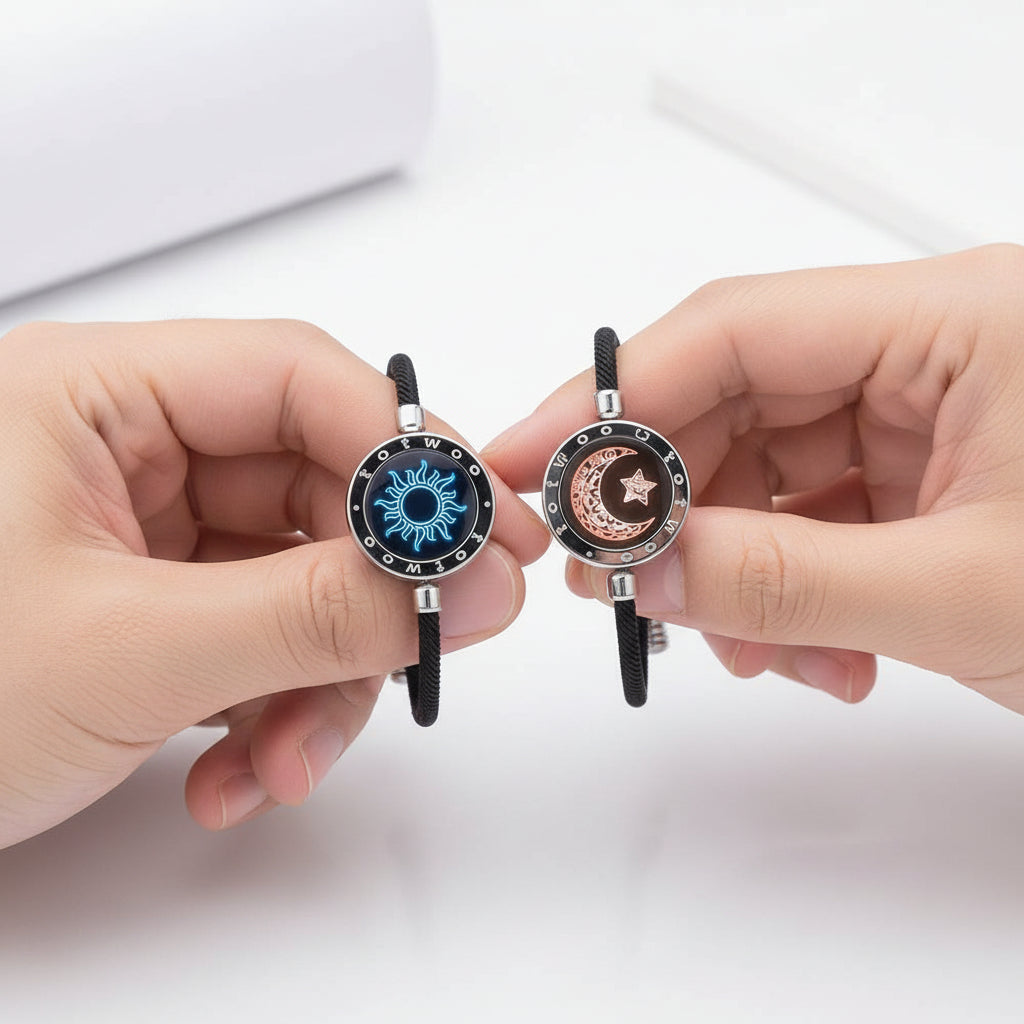 Long Distance Touch Light Up&Vibrate Bracelets for Couples, Long Distance Relationship Gifts Smart Sun&Moon Love Bracelet